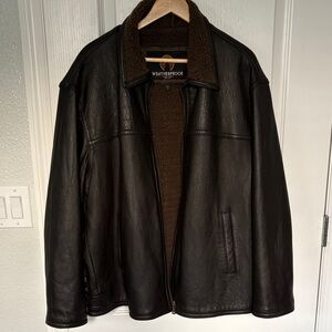 Vintage Weatherproof Dark Brown Leather Bomber Jacket with Brown Sherpa Lining